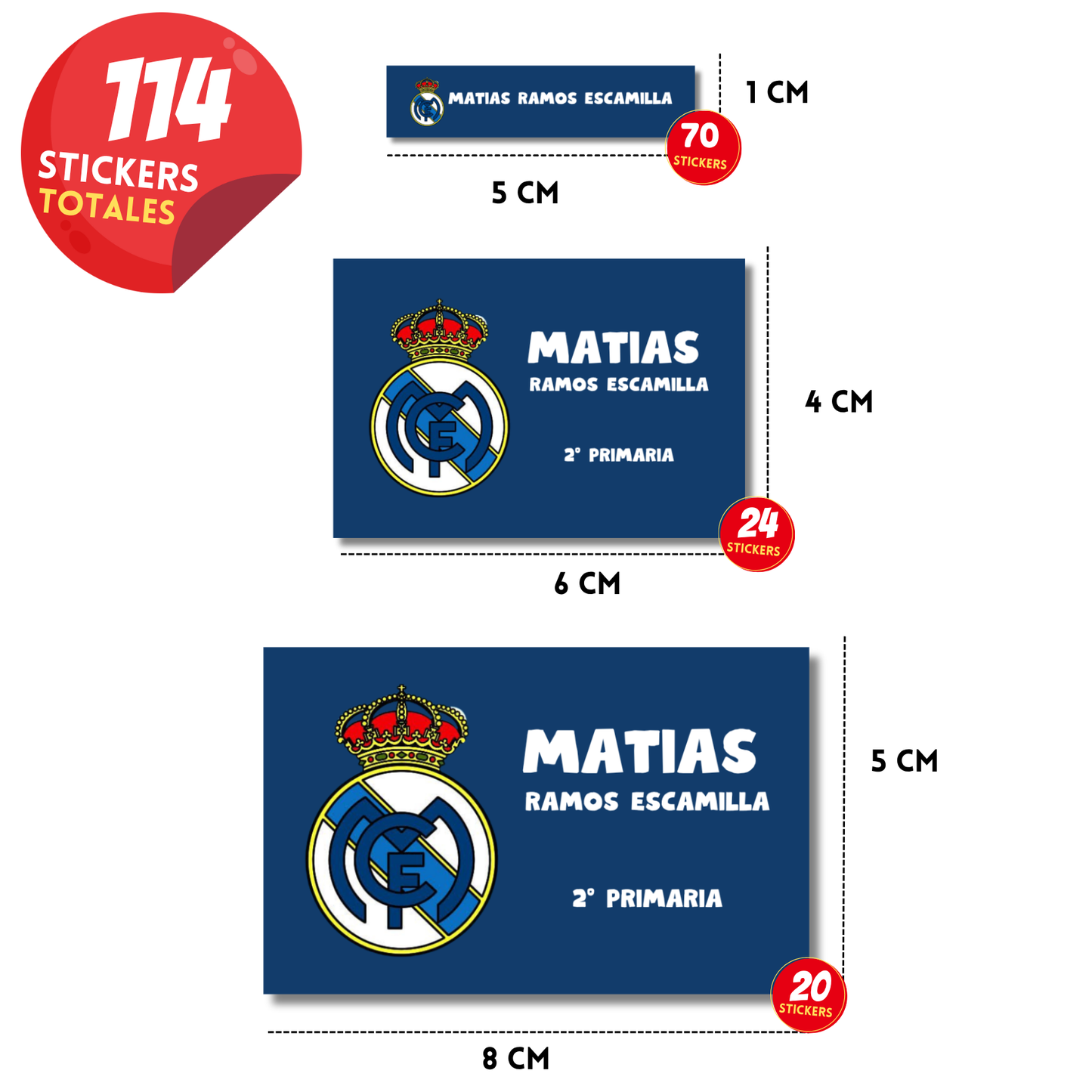 Logo Real Madrid fondo Azúl Naval Etiquetas Escolares Personalizadas Libretas, Libros y Lápices