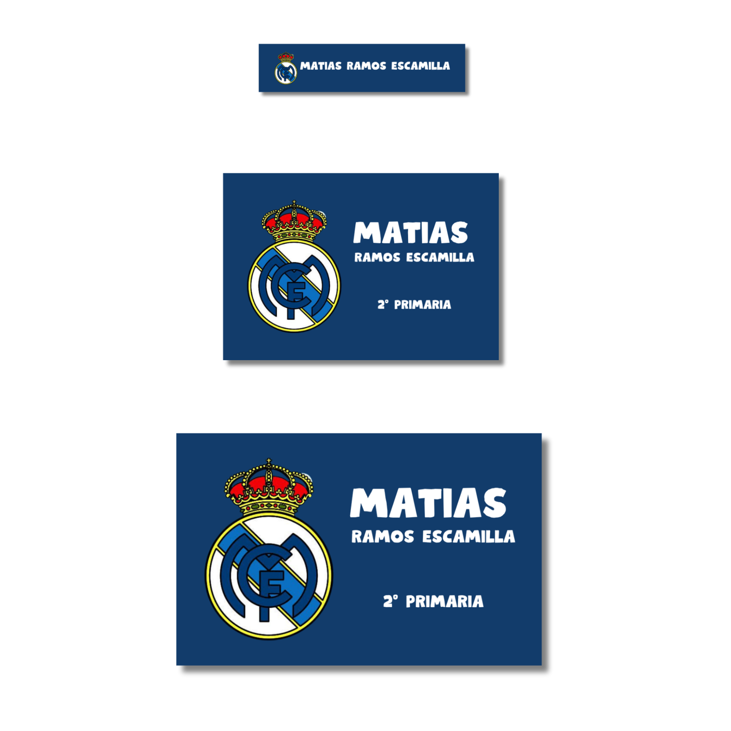 Logo Real Madrid fondo Azúl Naval Etiquetas Escolares Personalizadas Libretas, Libros y Lápices