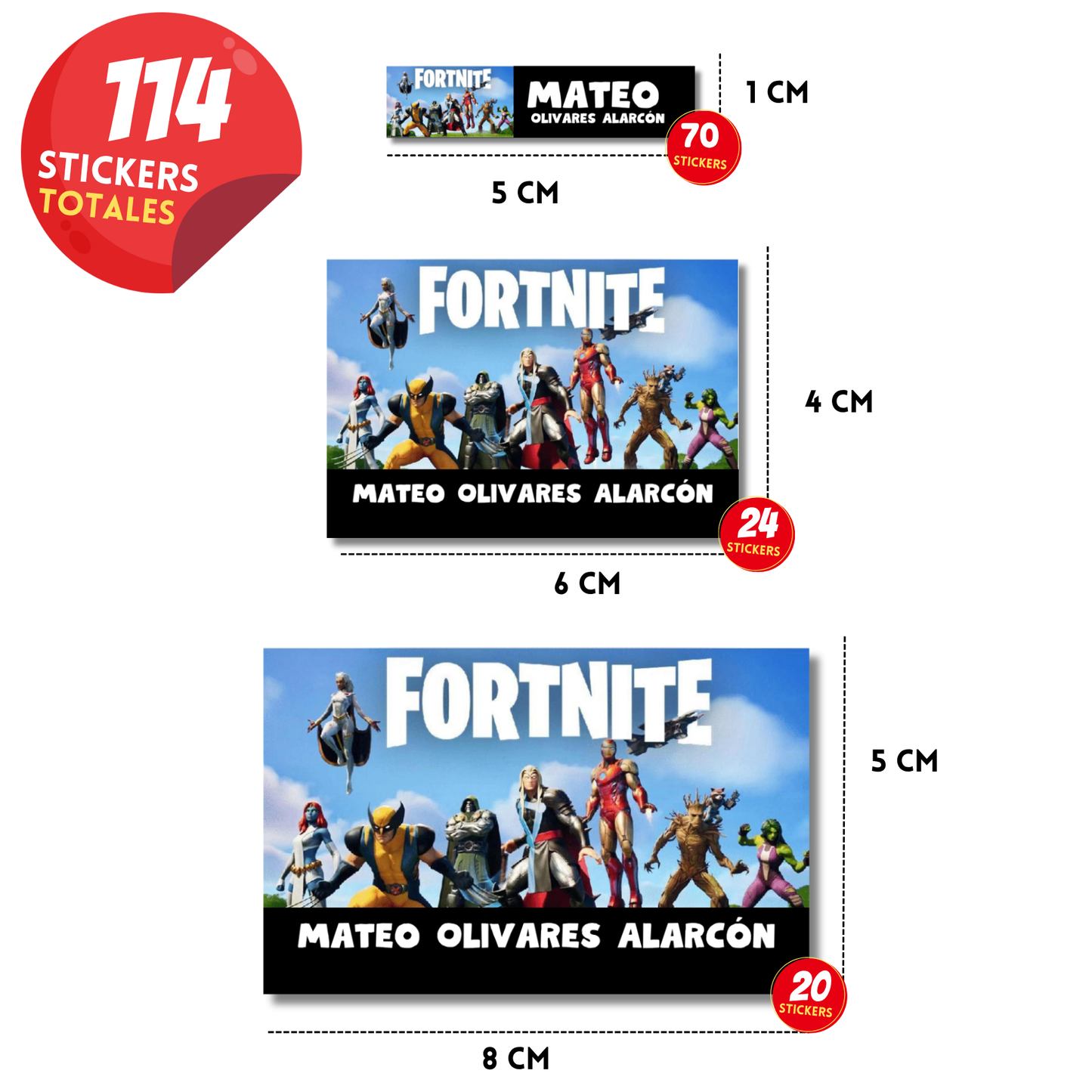Súperheroes y villanos fortnite Etiquetas Escolares Personalizadas Libretas, Libros y Lápices