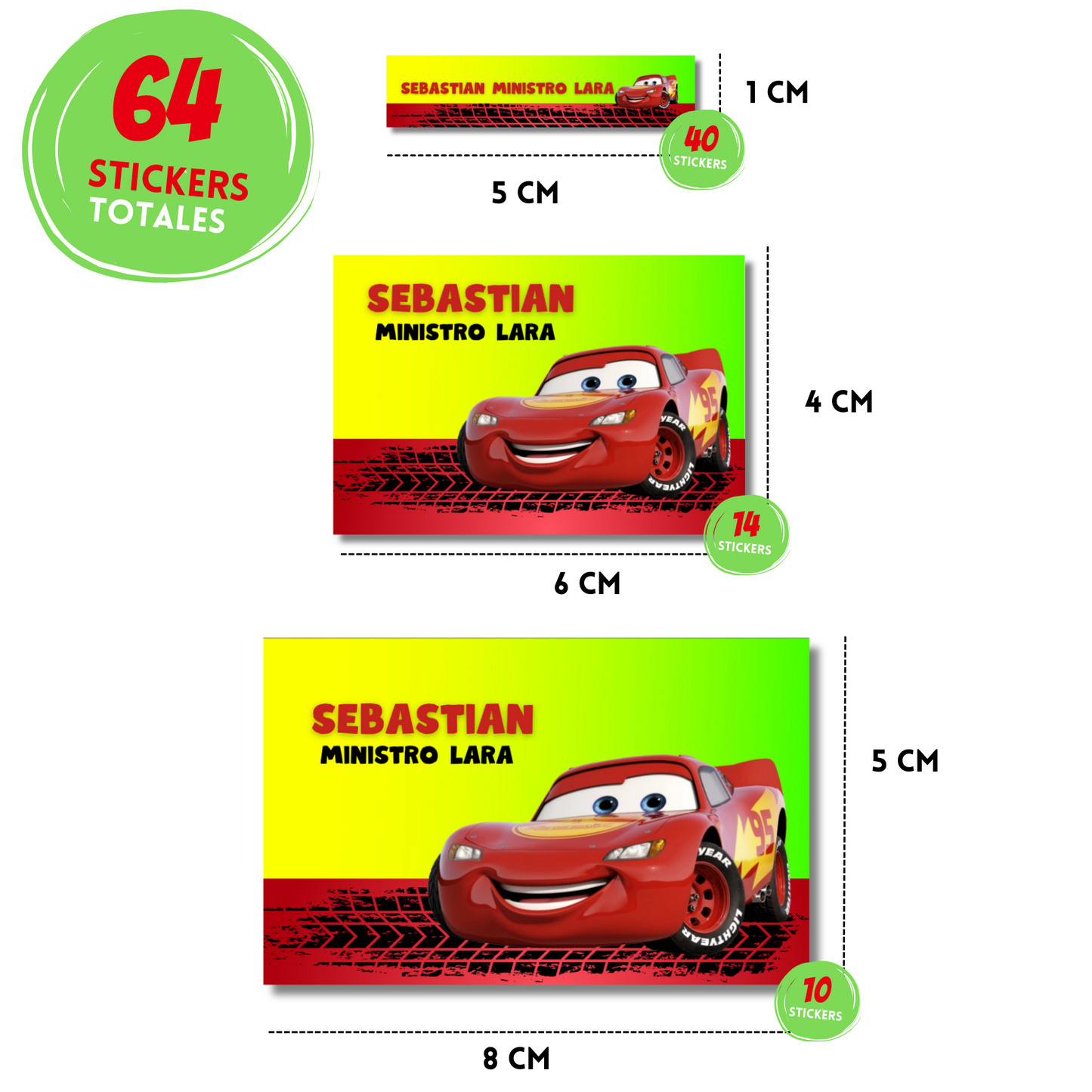 Cars Lightning McQueen Green Background Personalized School Labels Notebooks, Books and Pencils 