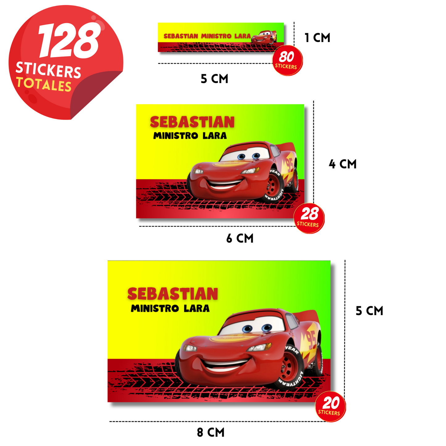 Cars Lightning McQueen Green Background Personalized School Labels Notebooks, Books and Pencils 