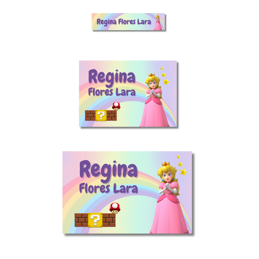 Mario Bros Peach Etiquetas Escolares Personalizadas Libretas, Libros y Lápices