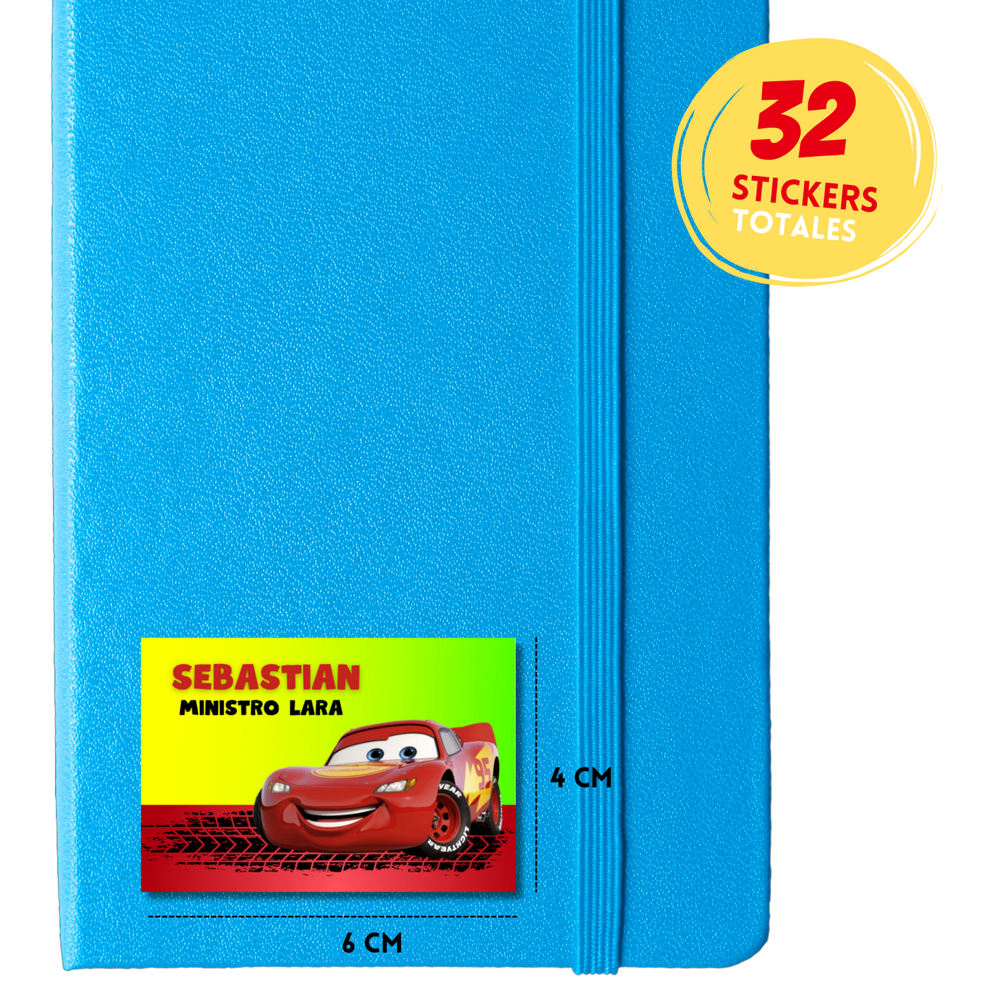 Cars Lightning McQueen Green Background Personalized School Labels Notebooks, Books and Pencils 