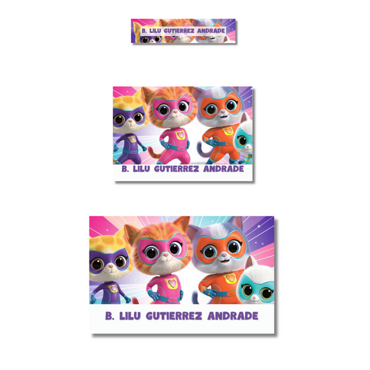 Supergatitos Etiquetas Escolares Personalizadas Libretas, Libros y Lápices